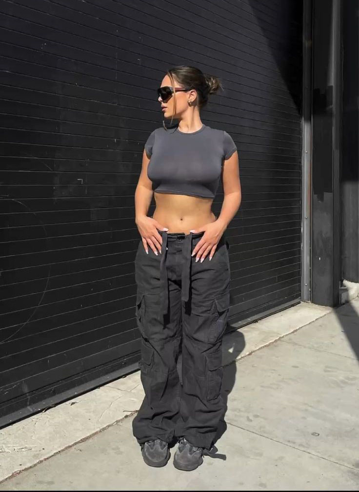 Black Cargo Pants with Dark Grey Crop Top